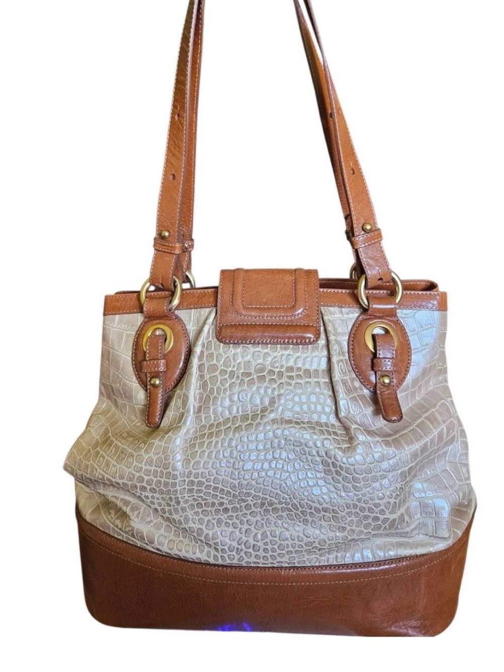 Brahmin Taupe Croc-Embossed Leather Tote Bag with Tan Trim - Picture 4 of 9
